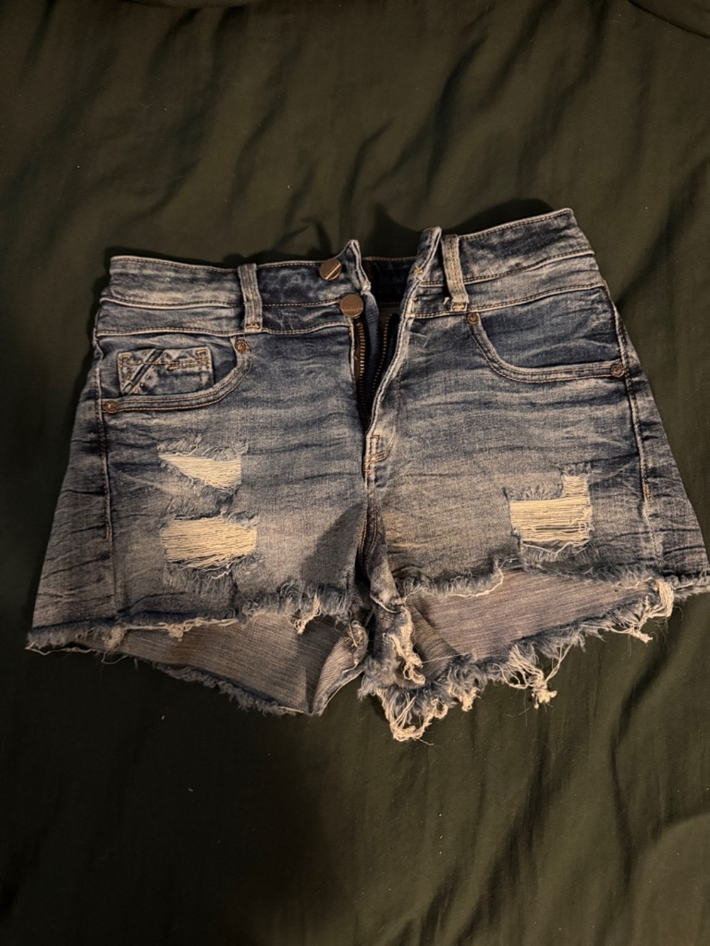 Buckle Distressed Denim Short Shorts - Blue